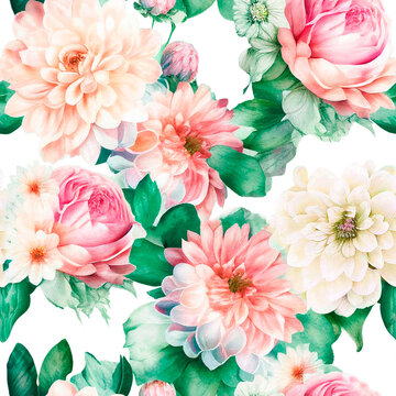 Floral pattern, peony flowers on white background, watercolor. Template design for textile, interior, clothing, wallpaper. botanical art