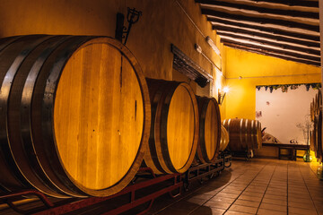 Cellar with barrels for storage of wine, Spain.