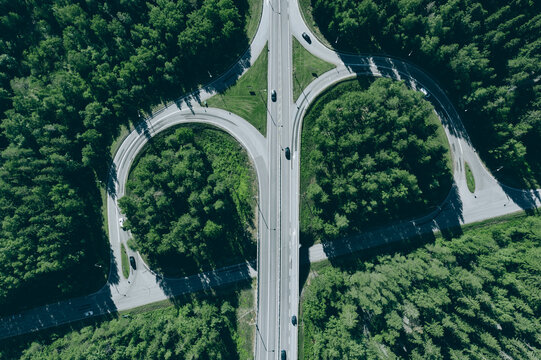 Aerial view highway junction, crossroads, interchange and expressway in Finland.