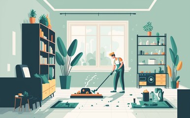 illustration, person cleaning an apartment, image generated by AI