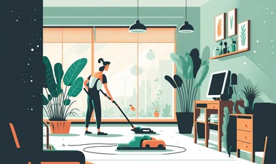 illustration, person cleaning an apartment, image generated by AI