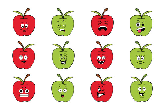 Apple Fruit expression vector pack, Funny cartoon fruits face, Summer fruit characters vector pack isolated on white.