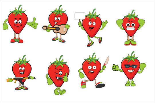 Strawberries Fruit expression vector pack, Funny cartoon fruits face, Summer fruit characters vector pack isolated on white.