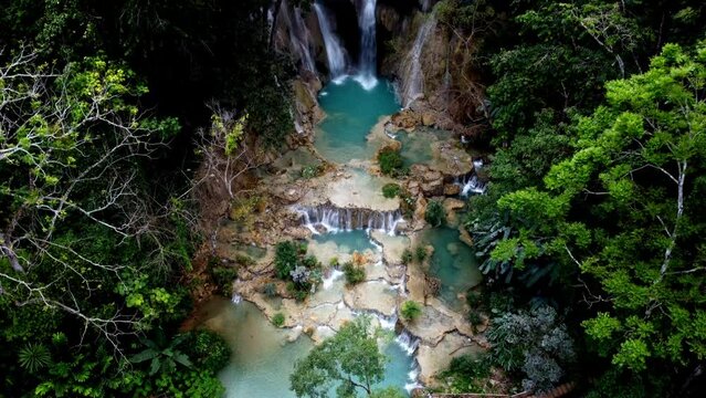 Turquoise blue colours of Kuang Si waterfalls Luang Prabang Laos.