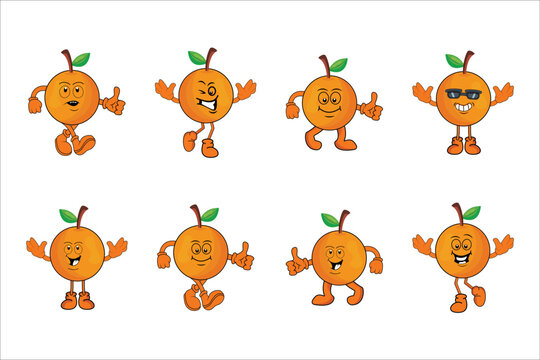 orange Fruit expression vector pack, Funny cartoon fruits face, and Summer fruit characters vector pack isolated on white.