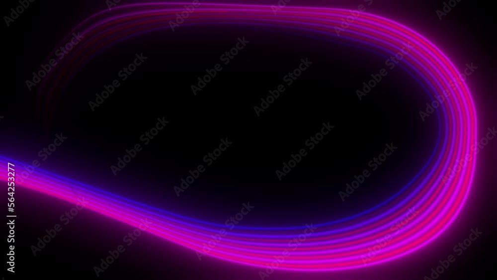 Poster frame made of neon tubes. blue-red neon lines rotate counterclockwise on black background. seamless 