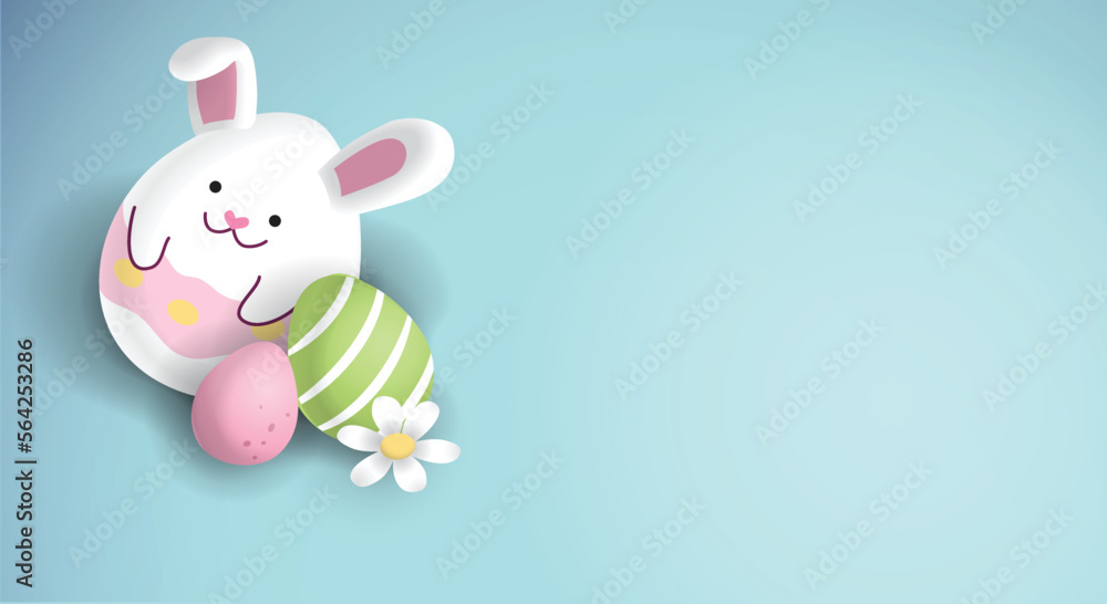 Wall mural Easter celebration vector background or banner with copy space. Cute easter bunny big egg with smaller decorated chocolate eggs and a daisy flower on a flat background.