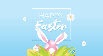 Easter banner or background with text in frame. Easter eggs with bunny ears and decorative flowers in grass.