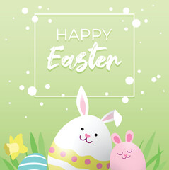 Easter day background vector  poster.Easter eggs with bunny ears with text in frame.