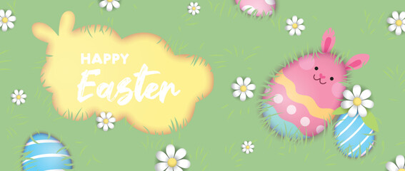 Easter day flat lay vector illustration for banner or background. Easter eggs laying in grass with flowers.
