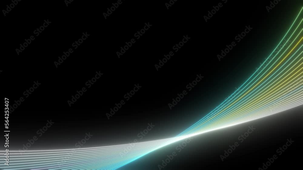 Poster rising currents. a bundle of thin multi-colored neon lines rises diagonally on a black background fr