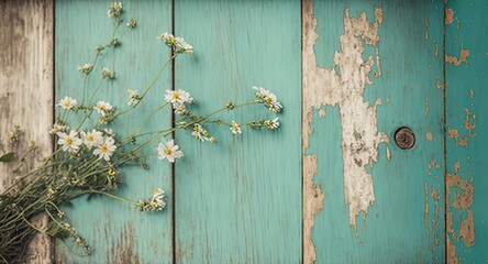 close up wood prank wall painted with blue pastel color with white daisy flower, idea for background backdrop wallpaper Generative Ai