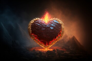 Fiery heart jewel at flames on volcanic ground. Postproducted generative AI digital illustration.