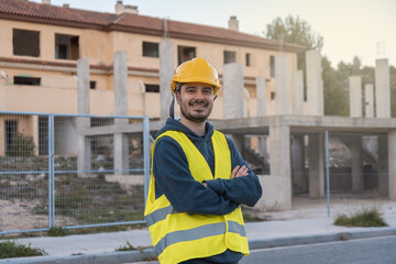 Retrato de albañil con expresión de felicidad, con la vestimenta de trabajo y casco de seguridad, en una construcción. - obrazy, fototapety, plakaty