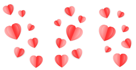 Valentine's day background with red hearts like balloons on transparent background, flat lay, clipping path. PNG image