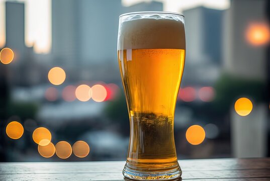 a glass of beer with cityscape blur bokeh evening background Generative Ai