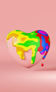 LGBT heart in melting liquid rainbow paint splash 3D rendering pink Pride Month concept. Transgender colorful dignity equality symbol Sexual orientation freedom. Gay rights.Contemporary Valentines day