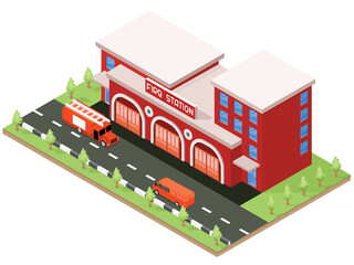 Fire station building. Isometric design. Vector graphics