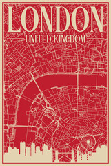 Red hand-drawn framed poster of the downtown LONDON, UNITED KINGDOM with highlighted vintage city skyline and lettering