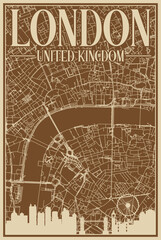 Brown hand-drawn framed poster of the downtown LONDON, UNITED KINGDOM with highlighted vintage city skyline and lettering