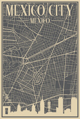 Grey hand-drawn framed poster of the downtown MEXICO CITY, MEXICO with highlighted vintage city skyline and lettering