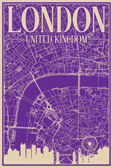 Purple hand-drawn framed poster of the downtown LONDON, UNITED KINGDOM with highlighted vintage city skyline and lettering