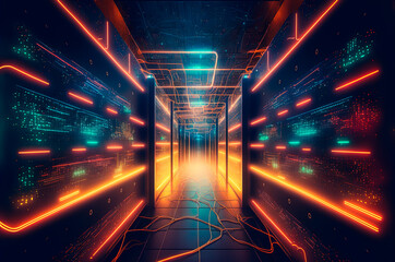 data center room with mainframe storage servers, cloud network concept, hosting databases and internet, generative ai - obrazy, fototapety, plakaty