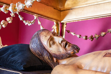 Detail of the face of Our Lord Jesus Christ dead, in the representation of the Holy Burial exposed...