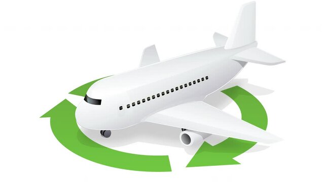 Animation loop of a white airliner around which the circular symbol with three green arrows of recycling rotates on a white background