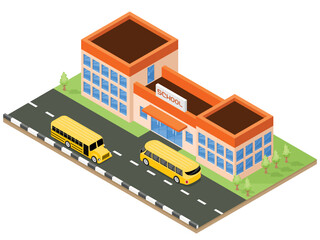 School building and school buses isometric design. Vector graphics