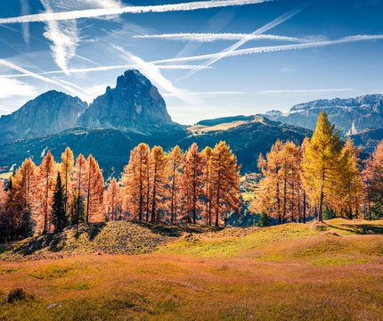 Colorful autumn view of Ambrizola mountain range with aircraft trases in deep blue sky above it. Stunning morning scene of Dolomite Alps, Cortina d'Ampezzo lacattion, Italy, Europe.