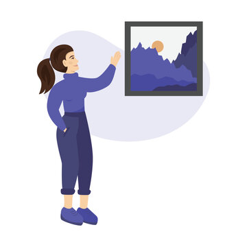 Visiting excursion in a museum, standing at picture and listening to guide. Guide shows a picture in a museum. Vector illustration for art gallery, cultural education, exhibition concepts