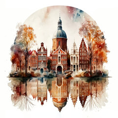 Fototapeta na wymiar Watercolor landscape of Amsterdam, Netherlands, scenery town on watercolor paper texture background.