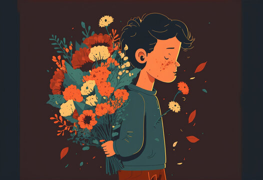 Boy, tinager with beautiful bouquet of flowers..