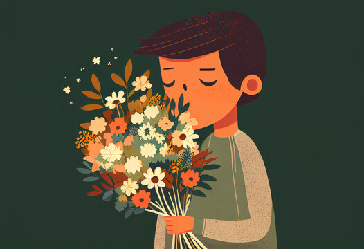 Boy, tinager with beautiful bouquet of flowers..
