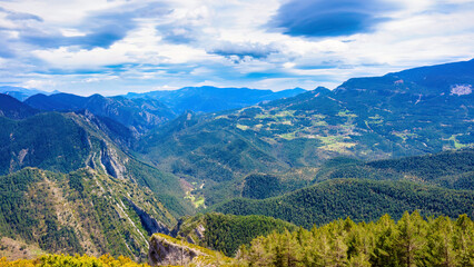 Panoramic of the mountains of the Cadi massif from the Grasolent viewpoint looking south. Bergeda, Catalonia, Spain