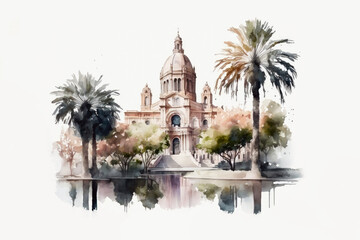 watercolor barcelona architecture sketch, generative ai - obrazy, fototapety, plakaty