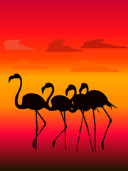 vector illustration in sunset tones depicting the silhouettes of a flock of flamingos for printing on cards, covers, banners and other illustrations