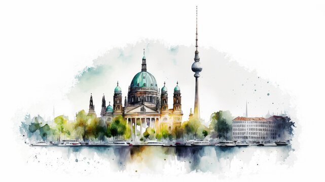 Watercolor cityscape Berlin city illustration. Generative ai
