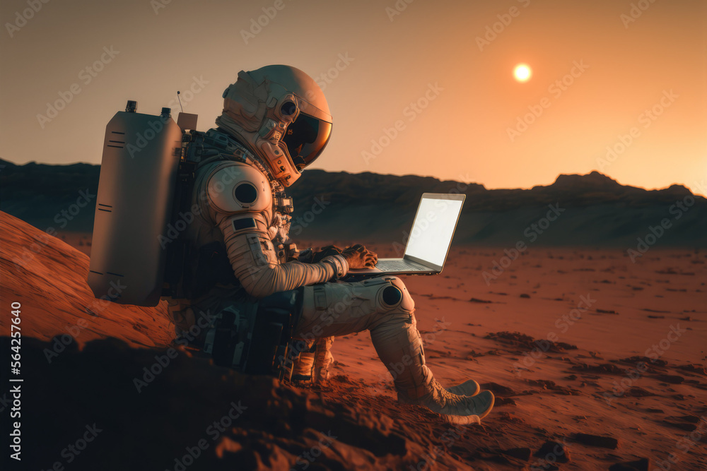 Poster astronaut with laptop at mars made with generative ai