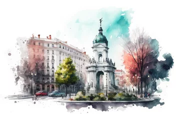 Photo sur Plexiglas Peinture d aquarelle gratte-ciel madrid city watercolor illustration, generative ai
