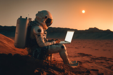 astronaut with laptop at mars made with generative ai