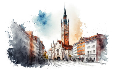 munich city watercolor illustration, generative ai - obrazy, fototapety, plakaty