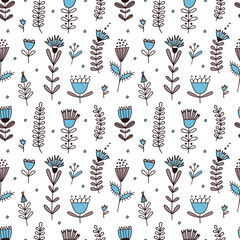 Fototapeta na wymiar Seamless vector pattern with twigs and flowers in a flat style on a white background