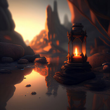 illustration with a burning lantern near the river  in the mountains at sunset, the concept of relaxation and meditation