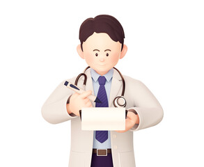 3D illustration of a male doctor writing medical chart records.