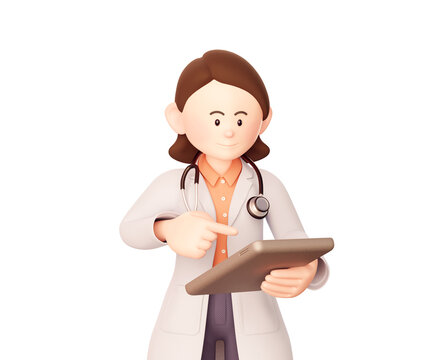 A 3D illustration of a female doctor recording with a pen on the chartboard.