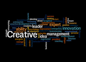 Word Cloud with CREATIVE concept, isolated on a black background