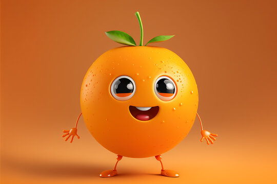 Happy orange fruit cartoon character, Generative AI
