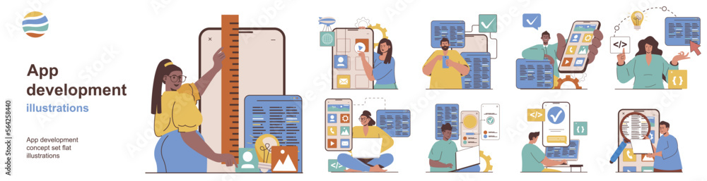 Poster App development concept with character situations collection. Bundle of scenes people creating application and ui design for mobile phone, making software. Vector illustrations in flat web design
